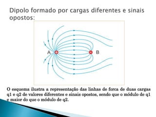 O esquema ilustra a representação das linhas de forca de duas cargas
q1 e q2 de valores diferentes e sinais opostos, sendo que o módulo de q1
e maior do que o módulo de q2.
 