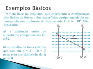 7°) Com base no esquema, que representa a configuração
das linhas de forcas e das superfícies equipotenciais de um
campo elétrico uniforme de intensidade E = 5 . 102 V/m,
determine:
a) a distância entre as
superfícies equipotenciais S1
e S2.
b) o trabalho da forca elétrica
que age em q = 2 . 10−6 C
para esta ser deslocada de A
para B.
 