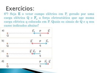 6°) Seja E o vetor campo elétrico em P, gerado por uma
carga elétrica Q e Fe a força eletrostática que age numa
carga elétrica q colocada em P. Quais os sinais de Q e q nos
casos indicados abaixo?
 