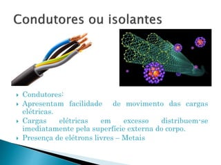  Condutores:
 Apresentam facilidade de movimento das cargas
elétricas.
 Cargas elétricas em excesso distribuem-se
imediatamente pela superfície externa do corpo.
 Presença de elétrons livres – Metais
 