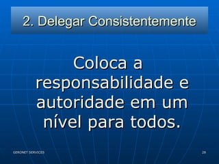 2. Delegar Consistentemente Coloca a responsabilidade e autoridade em um nível para todos. 