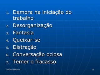 Demora na iniciação do trabalho Desorganização Fantasia  Queixar-se Distração Conversação ociosa Temer o fracasso 