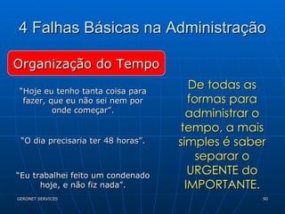 4 Falhas Básicas na Administração Organização do Tempo “ Hoje eu tenho tanta coisa para fazer, que eu não sei nem por onde começar”. “ O dia precisaria ter 48 horas”. “ Eu trabalhei feito um condenado hoje, e não fiz nada”. De todas as formas para administrar o tempo, a mais simples é saber separar o URGENTE do IMPORTANTE. 