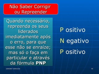 Não Saber Corrigir  ou Repreender Quando necessário, repreenda os seus liderados imediatamente após o erro, para que esse não se enraíze; mas só o faça em particular e através da fórmula  PNP P  ositivo N  egativo P  ositivo 