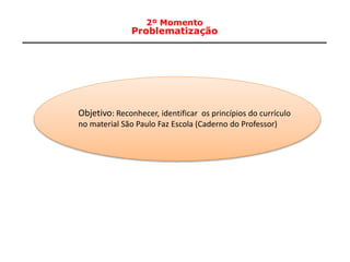 10
2º Momento
Problematização
Objetivo: Reconhecer, identificar os princípios do currículo
no material São Paulo Faz Escola (Caderno do Professor)
 