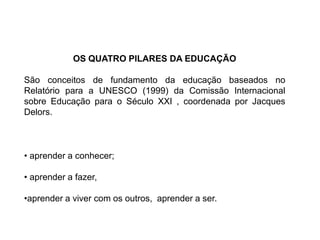 OS QUATRO PILARES DA EDUCAÇÃO
São conceitos de fundamento da educação baseados no
Relatório para a UNESCO (1999) da Comissão Internacional
sobre Educação para o Século XXI , coordenada por Jacques
Delors.
• aprender a conhecer;
• aprender a fazer,
•aprender a viver com os outros, aprender a ser.
 