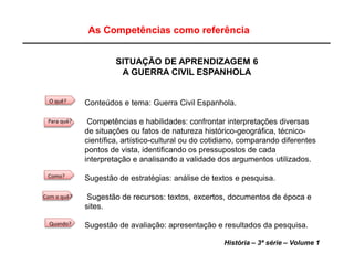 13
O quê?
Para quê?
Como?
Com o quê?
Quando?
As Competências como referência
Conteúdos e tema: Guerra Civil Espanhola.
Competências e habilidades: confrontar interpretações diversas
de situações ou fatos de natureza histórico-geográfica, técnico-
científica, artístico-cultural ou do cotidiano, comparando diferentes
pontos de vista, identificando os pressupostos de cada
interpretação e analisando a validade dos argumentos utilizados.
Sugestão de estratégias: análise de textos e pesquisa.
Sugestão de recursos: textos, excertos, documentos de época e
sites.
Sugestão de avaliação: apresentação e resultados da pesquisa.
SITUAÇÃO DE APRENDIZAGEM 6
A GUERRA CIVIL ESPANHOLA
História – 3ª série – Volume 1
 