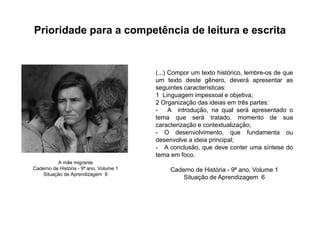 Prioridade para a competência de leitura e escrita
A mãe migrante
Caderno de História - 9ª ano, Volume 1
Situação de Aprendizagem 6
(...) Compor um texto histórico, lembre-os de que
um texto deste gênero, deverá apresentar as
seguintes características:
1 Linguagem impessoal e objetiva;
2 Organização das ideias em três partes:
- A introdução, na qual será apresentado o
tema que será tratado, momento de sua
caracterização e contextualização;
- O desenvolvimento, que fundamenta ou
desenvolve a ideia principal;
- A conclusão, que deve conter uma síntese do
tema em foco.
Caderno de História - 9ª ano, Volume 1
Situação de Aprendizagem 6
 