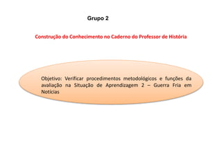Slide
30
Grupo 2
Objetivo: Verificar procedimentos metodológicos e funções da
avaliação na Situação de Aprendizagem 2 – Guerra Fria em
Notícias
Construção do Conhecimento no Caderno do Professor de História
 