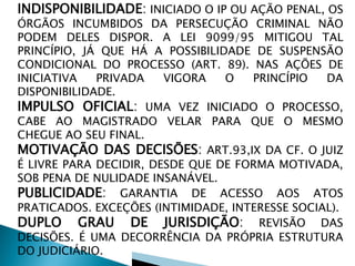 INDISPONIBILIDADE: INICIADO O IP OU AÇÃO PENAL, OS
ÓRGÃOS INCUMBIDOS DA PERSECUÇÃO CRIMINAL NÃO
PODEM DELES DISPOR. A LEI 9099/95 MITIGOU TAL
PRINCÍPIO, JÁ QUE HÁ A POSSIBILIDADE DE SUSPENSÃO
CONDICIONAL DO PROCESSO (ART. 89). NAS AÇÕES DE
INICIATIVA PRIVADA VIGORA O PRINCÍPIO DA
DISPONIBILIDADE.
IMPULSO OFICIAL: UMA VEZ INICIADO O PROCESSO,
CABE AO MAGISTRADO VELAR PARA QUE O MESMO
CHEGUE AO SEU FINAL.
MOTIVAÇÃO DAS DECISÕES: ART.93,IX DA CF. O JUIZ
É LIVRE PARA DECIDIR, DESDE QUE DE FORMA MOTIVADA,
SOB PENA DE NULIDADE INSANÁVEL.
PUBLICIDADE: GARANTIA DE ACESSO AOS ATOS
PRATICADOS. EXCEÇÕES (INTIMIDADE, INTERESSE SOCIAL).
DUPLO GRAU DE JURISDIÇÃO: REVISÃO DAS
DECISÕES. É UMA DECORRÊNCIA DA PRÓPRIA ESTRUTURA
DO JUDICIÁRIO.
 