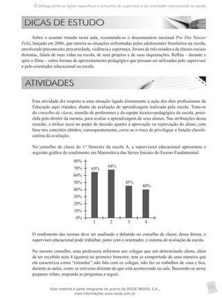 O diálogo entre as ações específicas e conjuntas do supervisor e do orientador educacional na escola
151
Sobre o assunto tratado nesta aula, recomenda-se o documentário nacional Pro Dia Nascer
Feliz, lançado em 2006, que mostra as situações enfrentadas pelos adolescentes brasileiros na escola,
envolvendo preconceito, precariedade, violência e esperança. Jovens de três estados e de classes sociais
distintas, falam de suas vidas na escola, de seus projetos e de suas inquietações. Reflita – durante e
após o filme – sobre formas de aproveitamento pedagógico que possam ser utilizadas pelo supervisor
e pelo orientador educacional na escola.
	 Esta atividade diz respeito a uma situação ligada diretamente à ação dos dois profissionais da
Educação aqui tratados, diante da avaliação de aprendizagem realizada pela escola. Trata-se
do conselho de classe, reunião de professores e da equipe técnico-pedagógica da escola, presi-
dida pelo diretor da mesma, para avaliar a aprendizagem de seus alunos. Nas atribuições dessa
reunião, a ênfase recai no poder de decisão quanto à aprovação ou reprovação do aluno, com
base nos conceitos obtidos; consequentemente, corre-se o risco de privilegiar a função classifi-
catória da avaliação.
	 No conselho de classe do 1.º bimestre da escola A, a supervisora educacional apresentou o
seguinte gráfico do rendimento em Matemática das Séries Iniciais do Ensino Fundamental:
	 1	 2	 3	 4
80%
70%
60%
50%
40%
30%
20%
10%
0%
65%
68%
45%
40%
	 O rendimento das turmas deve ser analisado e debatido no conselho de classe; dessa forma, o
supervisor educacional pode trabalhar, junto com o orientador, o sistema de avaliação da escola.
	 No mesmo conselho, uma professora informou aos colegas que um determinado aluno, além
de ter recebido nota 4 (quatro) no primeiro bimestre, tem se comportado de uma maneira que
ela caracteriza como “estranha”: não fala com os colegas, não faz os trabalhos de casa e fica,
durante as aulas, como se estivesse distante do que está acontecendo na sala. Baseando-se nesse
pequeno relato, responda as perguntas a seguir.
Este material é parte integrante do acervo do IESDE BRASIL S.A.,
mais informações www.iesde.com.br
 