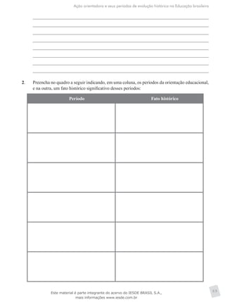 Ação orientadora e seus períodos de evolução histórica na Educação brasileira
69
2.	 Preencha no quadro a seguir indicando, em uma coluna, os períodos da orientação educacional,
e na outra, um fato histórico significativo desses períodos:
Período Fato histórico
Este material é parte integrante do acervo do IESDE BRASIL S.A.,
mais informações www.iesde.com.br
 