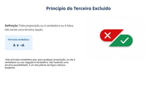 Princípio do Terceiro Excluído
Definição: Toda proposição ou é verdadeira ou é falsa;
não existe uma terceira opção.
Fórmula simbólica:
A ¬A
∨
Este princípio estabelece que, para qualquer proposição, ou ela é
verdadeira ou sua negação é verdadeira, não havendo uma
terceira possibilidade. É um dos pilares da lógica clássica
bivalente.
 
