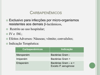 CARBAPENÊMICOS
 Exclusivo para infecções por micro-organismos
resistentes aos demais β-lactâmicos,
 Restrito ao uso hospitalar;
 IV e IM.;
 Efeitos Adversos: Náuseas; vômito; convulsões;
 Indicação Terapêutica:
Carbapenêmicos Indicação
Meropeném Bactérias Gram -
Imipeném Bactérias Gram +
Ertapeném Bactérias Gram – e +
Exceto P. aeruginosa
 