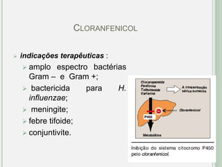 CLORANFENICOL
 indicações terapêuticas :
 amplo espectro bactérias
Gram – e Gram +;
 bactericida para H.
influenzae;
 meningite;
 febre tifoide;
 conjuntivite.
 