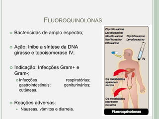 FLUOROQUINOLONAS
 Bactericidas de amplo espectro;
 Ação: Inibe a síntese da DNA
girasse e topoisomerase IV;
 Indicação: Infecções Gram+ e
Gram-;
 Infecções respiratórias;
gastrointestinais; geniturinários;
cutâneas.
 Reações adversas:
 Náuseas, vômitos e diarreia.
 