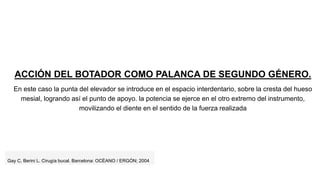 ACCIÓN DEL BOTADOR COMO PALANCA DE SEGUNDO GÉNERO.
En este caso la punta del elevador se introduce en el espacio interdentario, sobre la cresta del hueso
mesial, logrando así el punto de apoyo. la potencia se ejerce en el otro extremo del instrumento,
movilizando el diente en el sentido de la fuerza realizada
Gay C, Berini L. Cirugía bucal. Barcelona: OCÉANO / ERGÓN; 2004
 