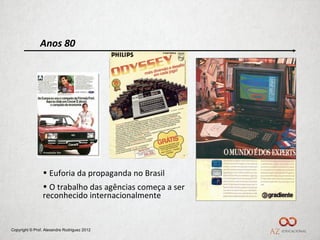 Anos 80




                • Euforia da propaganda no Brasil
                • O trabalho das agências começa a ser
                reconhecido internacionalmente


Copyright © Prof. Alexandre Rodriguez 2012
 