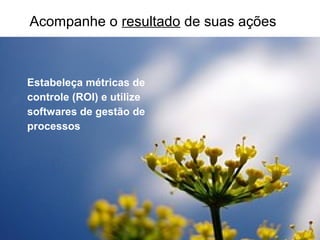 Acompanhe o resultado de suas ações



        Estabeleça métricas de
        controle (ROI) e utilize
        softwares de gestão de
        processos




Copyright © Prof. Alexandre Rodriguez 2012
 