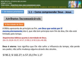 I - Os Valores prioritários
A Eternidade de Deus
1.1 – Como compreender Deus - Jesus
Atributos Incomunicáveis
A Bíblia apresenta do principio ao fim, um Deus que existe por Si
mesmo,eternamente,isto é, que não tem principio nem fim de dias, Ele não está
limitado pelo tempo.
Depoimentos bíblicos quanto à eternidade de Deus.
(Gn 21.33;Dt 33.27; Sl 9.7; Sl 90.2; Sl 92.2;8;Is 40.28).
Deus é eterno. Isso significa que Ele não sofre a influencia do tempo, não perde
seu poder, não sofre mudança alguma através dos séculos.
Sl 90.2; Sl 102.27; Is 57.15;1Tm 1.17
DISCIPLINA: ENSINO RELIGOSO
SÉRIE: 6º ANO
TEMA GERAL: PRINCÍPIOS PARA UMA HUMANIDADE SADIA.
AULA: 01 (OS PRINCÍPIOS PRIORITÁRIOS: DEUS, FAMÍLIA, NATUREZA E AMIGOS).
 