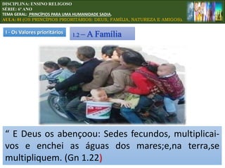 “ E Deus os abençoou: Sedes fecundos, multiplicai-
vos e enchei as águas dos mares;e,na terra,se
multipliquem. (Gn 1.22)
I - Os Valores prioritários 1.2 – A Família
DISCIPLINA: ENSINO RELIGOSO
SÉRIE: 6º ANO
TEMA GERAL: PRINCÍPIOS PARA UMA HUMANIDADE SADIA.
AULA: 01 (OS PRINCÍPIOS PRIORITÁRIOS: DEUS, FAMÍLIA, NATUREZA E AMIGOS).
 