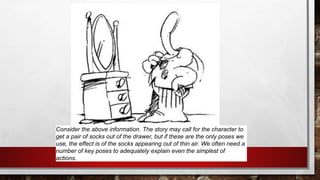 Consider the above information. The story may call for the character to
get a pair of socks out of the drawer, but if these are the only poses we
use, the effect is of the socks appearing out of thin air. We often need a
number of key poses to adequately explain even the simplest of
actions.
 
