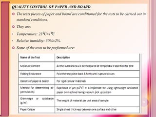 QUALITY CONTROL OF PAPER AND BOARD
 The tests pieces of paper and board are conditioned for the tests to be carried out in
standard conditions.
 They are:
• Temperature: 23⁰C±1⁰C
• Relative humidity: 50%±2%.
 Some of the tests to be performed are:
94
 