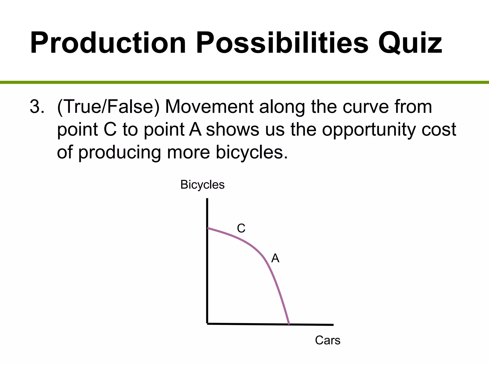 Production Possibilities Quiz
3. (True/False) Movement along the curve from
point C to point A shows us the opportunity cost
of producing more bicycles.
Bicycles
Cars
A
C
 