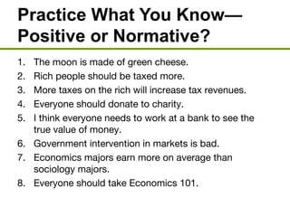 Practice What You Know—
Positive or Normative?
1. The moon is made of green cheese.
2. Rich people should be taxed more.
3. More taxes on the rich will increase tax revenues.
4. Everyone should donate to charity.
5. I think everyone needs to work at a bank to see the
true value of money.
6. Government intervention in markets is bad.
7. Economics majors earn more on average than
sociology majors.
8. Everyone should take Economics 101.
 