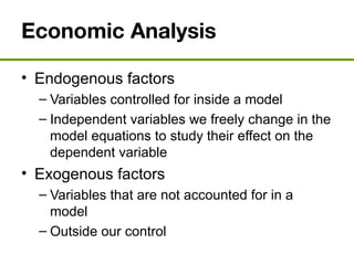 Economic Analysis
• Endogenous factors
– Variables controlled for inside a model
– Independent variables we freely change in the
model equations to study their effect on the
dependent variable
• Exogenous factors
– Variables that are not accounted for in a
model
– Outside our control
 