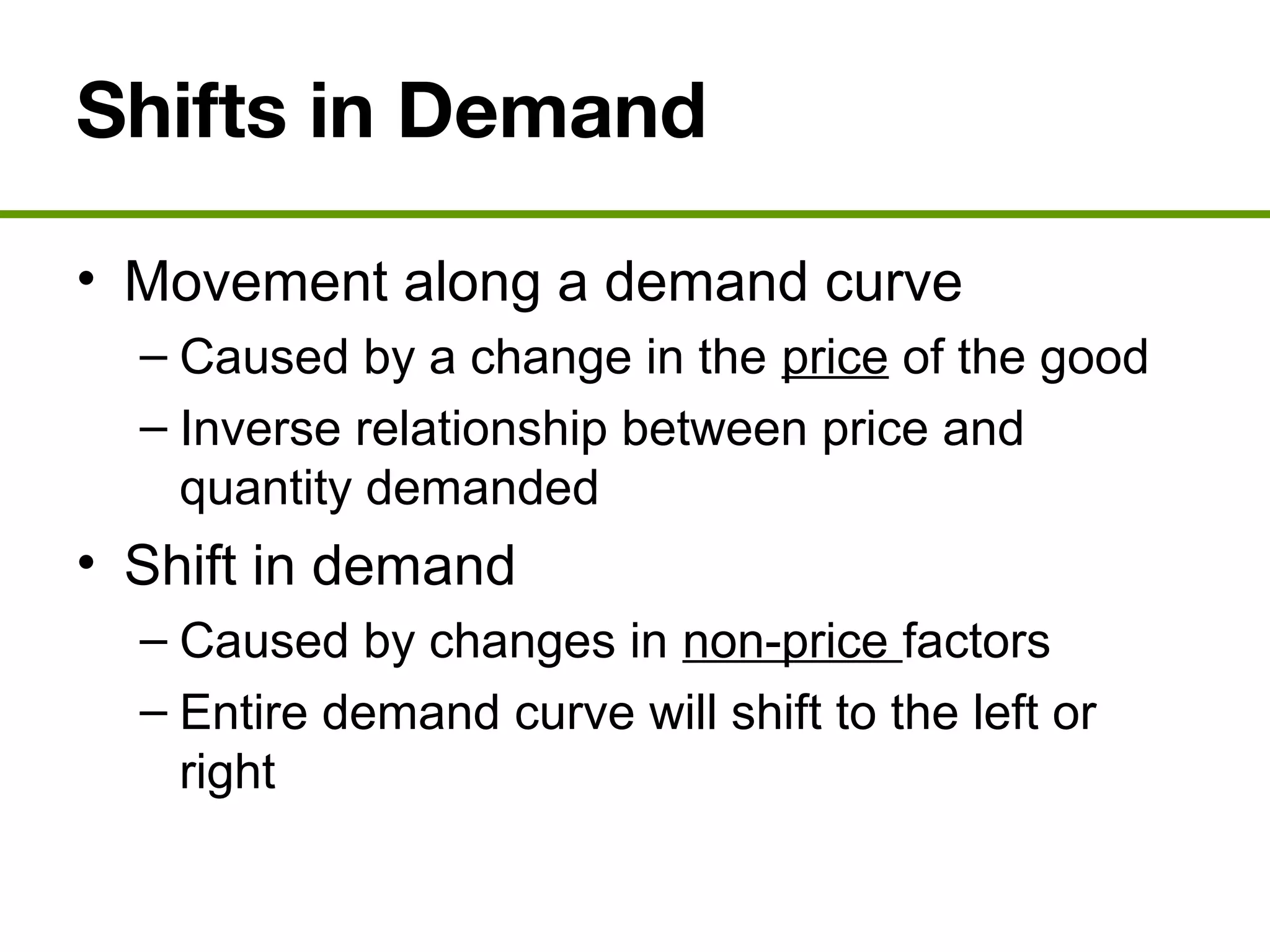 Shifts in Demand
• Movement along a demand curve
– Caused by a change in the price of the good
– Inverse relationship between price and
quantity demanded
• Shift in demand
– Caused by changes in non-price factors
– Entire demand curve will shift to the left or
right
 