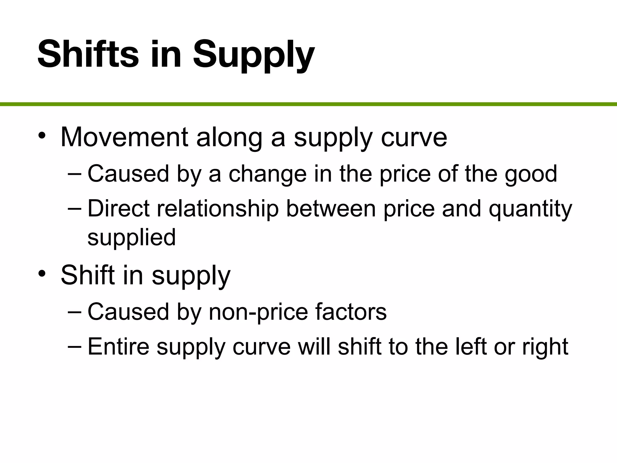 Shifts in Supply
• Movement along a supply curve
– Caused by a change in the price of the good
– Direct relationship between price and quantity
supplied
• Shift in supply
– Caused by non-price factors
– Entire supply curve will shift to the left or right
 