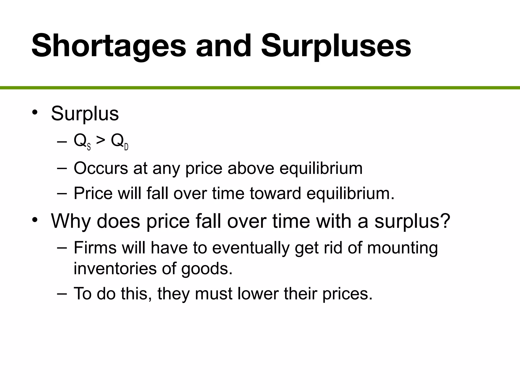 Shortages and Surpluses
• Surplus
– QS > QD
– Occurs at any price above equilibrium
– Price will fall over time toward equilibrium.
• Why does price fall over time with a surplus?
– Firms will have to eventually get rid of mounting
inventories of goods.
– To do this, they must lower their prices.
 