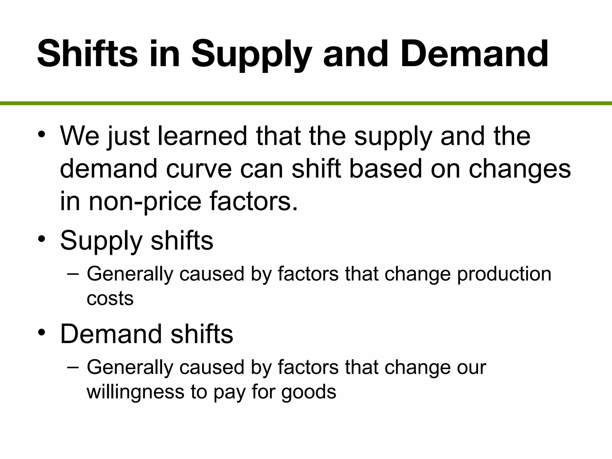Shifts in Supply and Demand
• We just learned that the supply and the
demand curve can shift based on changes
in non-price factors.
• Supply shifts
– Generally caused by factors that change production
costs
• Demand shifts
– Generally caused by factors that change our
willingness to pay for goods
 