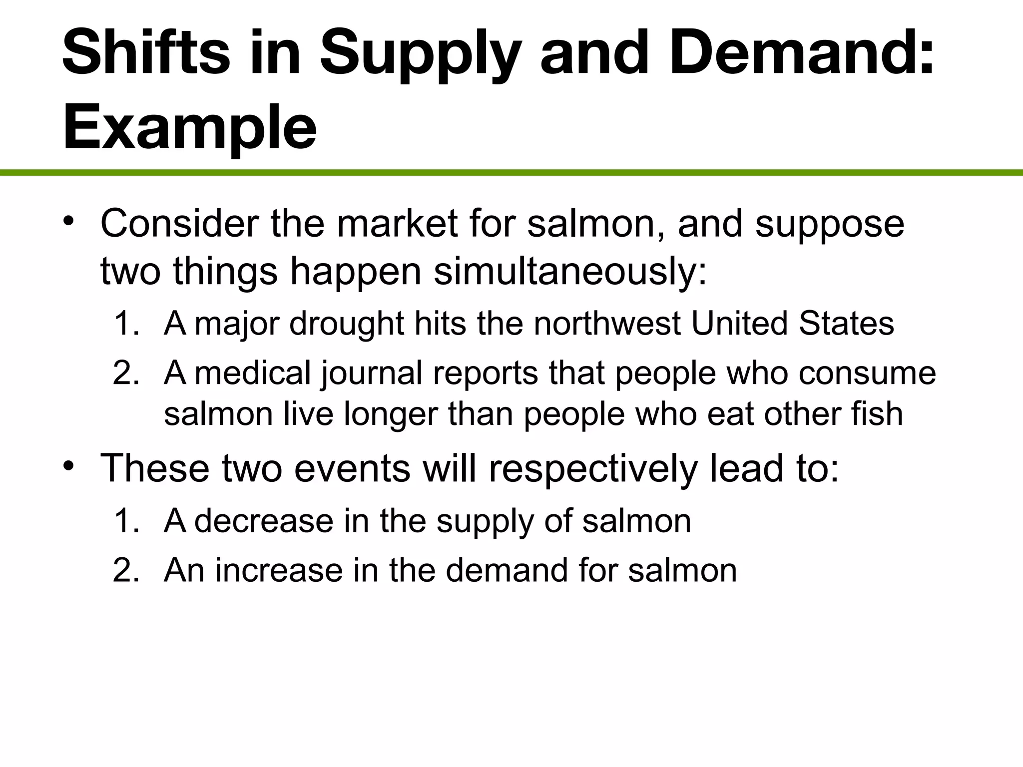 Shifts in Supply and Demand:
Example
• Consider the market for salmon, and suppose
two things happen simultaneously:
1. A major drought hits the northwest United States
2. A medical journal reports that people who consume
salmon live longer than people who eat other fish
• These two events will respectively lead to:
1. A decrease in the supply of salmon
2. An increase in the demand for salmon
 