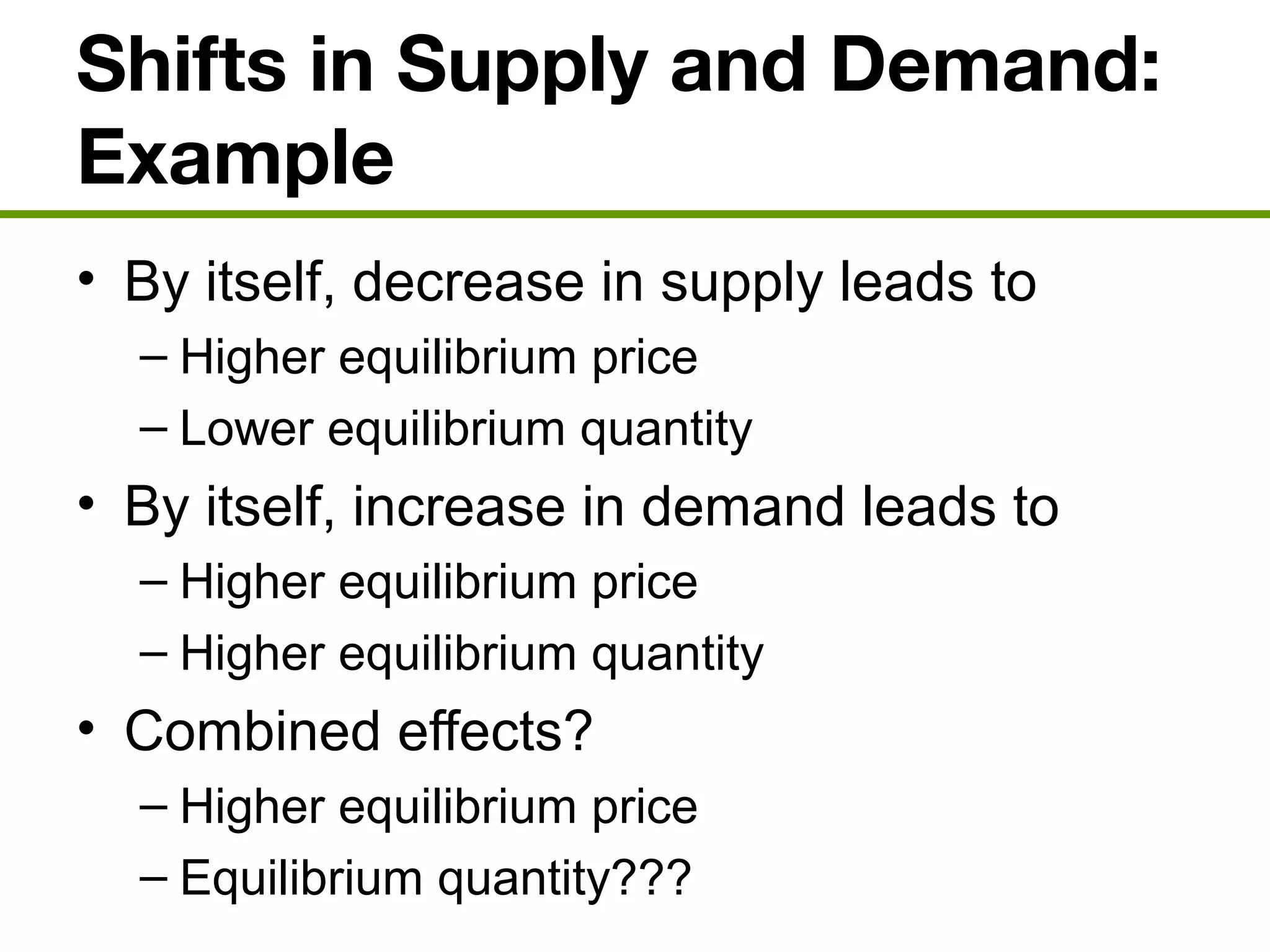 Shifts in Supply and Demand:
Example
• By itself, decrease in supply leads to
– Higher equilibrium price
– Lower equilibrium quantity
• By itself, increase in demand leads to
– Higher equilibrium price
– Higher equilibrium quantity
• Combined effects?
– Higher equilibrium price
– Equilibrium quantity???
 