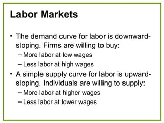 Labor Markets
• The demand curve for labor is downward-
sloping. Firms are willing to buy:
– More labor at low wages
– Less labor at high wages
• A simple supply curve for labor is upward-
sloping. Individuals are willing to supply:
– More labor at higher wages
– Less labor at lower wages
 