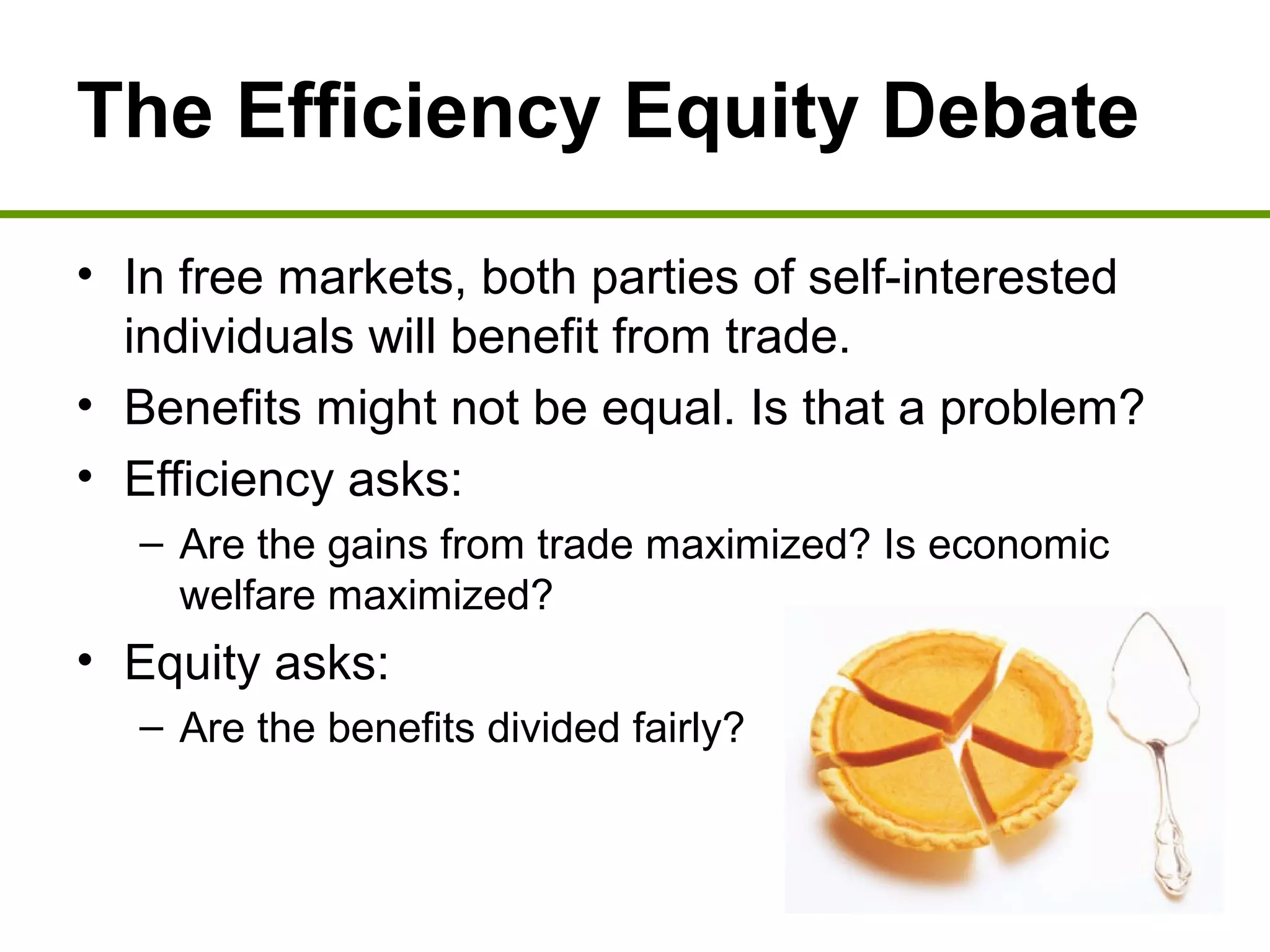 The Efficiency Equity Debate
• In free markets, both parties of self-interested
individuals will benefit from trade.
• Benefits might not be equal. Is that a problem?
• Efficiency asks:
– Are the gains from trade maximized? Is economic
welfare maximized?
• Equity asks:
– Are the benefits divided fairly?
 