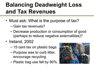Balancing Deadweight Loss
and Tax Revenues
• Must ask: What is the purpose of tax?
– Gain tax revenues?
– Decrease production or consumption of good
(perhaps to reduce negative externalities)?
• Ireland, 2002
– 15 cent tax on plastic bags
– Purpose was to curb litter,
encourage recycling
– Plastic bag use fell by 90%.
 