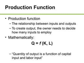 Production Function
• Production function
– The relationship between inputs and outputs
– To create output, the owner needs to decide
how many inputs to employ
• Mathematically:
Q = f (K, L)
– “Quantity of output is a function of capital
input and labor input”
 