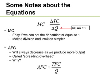 Some Notes about the
Equations
• MC
– Easy if we can set the denominator equal to 1
– Makes division and intuition simpler
• AFC
– Will always decrease as we produce more output
– Called “spreading overhead”
– Why?
Q
TC
MC
∆
∆
=
Q
TFC
AFC =
Set ΔQ = 1
 