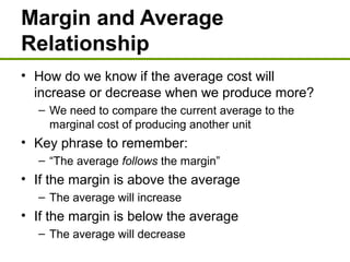 Margin and Average
Relationship
• How do we know if the average cost will
increase or decrease when we produce more?
– We need to compare the current average to the
marginal cost of producing another unit
• Key phrase to remember:
– “The average follows the margin”
• If the margin is above the average
– The average will increase
• If the margin is below the average
– The average will decrease
 