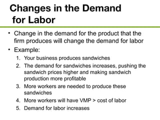 Changes in the Demand
for Labor
• Change in the demand for the product that the
firm produces will change the demand for labor
• Example:
1. Your business produces sandwiches
2. The demand for sandwiches increases, pushing the
sandwich prices higher and making sandwich
production more profitable
3. More workers are needed to produce these
sandwiches
4. More workers will have VMP > cost of labor
5. Demand for labor increases
 