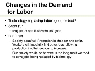 Changes in the Demand
for Labor
• Technology replacing labor: good or bad?
• Short run
– May seem bad if workers lose jobs
• Long run
– Society benefits! Production is cheaper and safer.
Workers will hopefully find other jobs, allowing
production in other sectors to increase.
– Our society would be harmed in the long run if we tried
to save jobs being replaced by technology
 