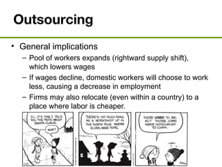 Outsourcing
• General implications
– Pool of workers expands (rightward supply shift),
which lowers wages
– If wages decline, domestic workers will choose to work
less, causing a decrease in employment
– Firms may also relocate (even within a country) to a
place where labor is cheaper.
 