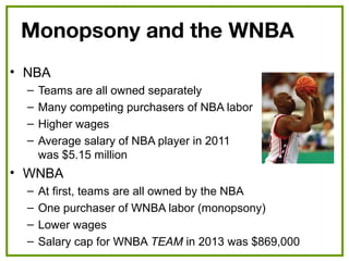 Monopsony and the WNBA
• NBA
– Teams are all owned separately
– Many competing purchasers of NBA labor
– Higher wages
– Average salary of NBA player in 2011
was $5.15 million
• WNBA
– At first, teams are all owned by the NBA
– One purchaser of WNBA labor (monopsony)
– Lower wages
– Salary cap for WNBA TEAM in 2013 was $869,000
 