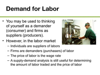 Demand for Labor
• You may be used to thinking
of yourself as a demander
(consumer) and firms as
suppliers (producers).
• However, in the labor market
– Individuals are suppliers of labors
– Firms are demanders (purchasers) of labor
– The price of labor is the wage rate
– A supply-demand analysis is still useful for determining
the amount of labor traded and the price of labor
 