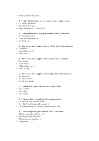 • Would you be so kind as to ...?
2. To give help to someone, you could use these expressions:
• Let me give you a hand.
• Here, I’ll do it for you.
• May I help you with ..., Sir/Ma’am?
3. To reject someone’s help, you could use these expressions:
• No, it’s not necessary.
• Thank you for offering, but ....
• No, Thank you
4. You can use these expressions to ask for items from someone.
• Can I have ...?
• Can you give me ...?
• May I have ...?
5. You can use these expressions to give items to someone.
• Here you are.
• This is for you.
• I’d like to give you ....
• Please accept ....
6. You can use these expressions to reject items from someone.
• No, thank you.
• Not for me, thanks.
• Not this time, thanks.
7. To admit a fact, you could use these expressions:
• Yes, I admit it.
• Yes, I did ....
• Yes, it’s true.
8. To deny a fact, you could use these expressions:
• I’m not lying, Dad. (actually you lie).
• No, I didn’t say that. (actually you said it).
• The flower smells good. (actually the flower smells bad)
9. To ask for opinion, you could use these expressions:
• What’s your opinion of/about ….?
• What do you think about that?
• What do you feel about the ….?
• Do you think …….?
 