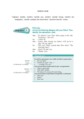 BAHAN AJAR
Ungkapan meminta, memberi, menolak jasa, memberi, menolak barang, memberi dan
mengingkari, menolak pendapat dan menawarkan/ menerima/menolak sesuatu.
 