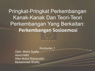 Pringkat-PringkatPerkembanganKanak-Kanak Dan Teori-TeoriPerkembangan Yang Berkaitan:Perkembangan Sosioemosi  Kumpulan 1 Oleh: MohdSyafie Asrul Hafiz Wan MohdRidzauddin Muhammad Shafiq 